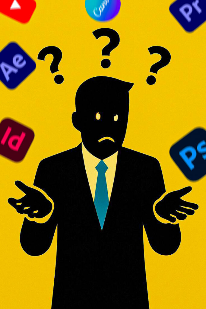 Confused designer choosing tools for freelance graphic design and video editing services by Shanila Jhumur.